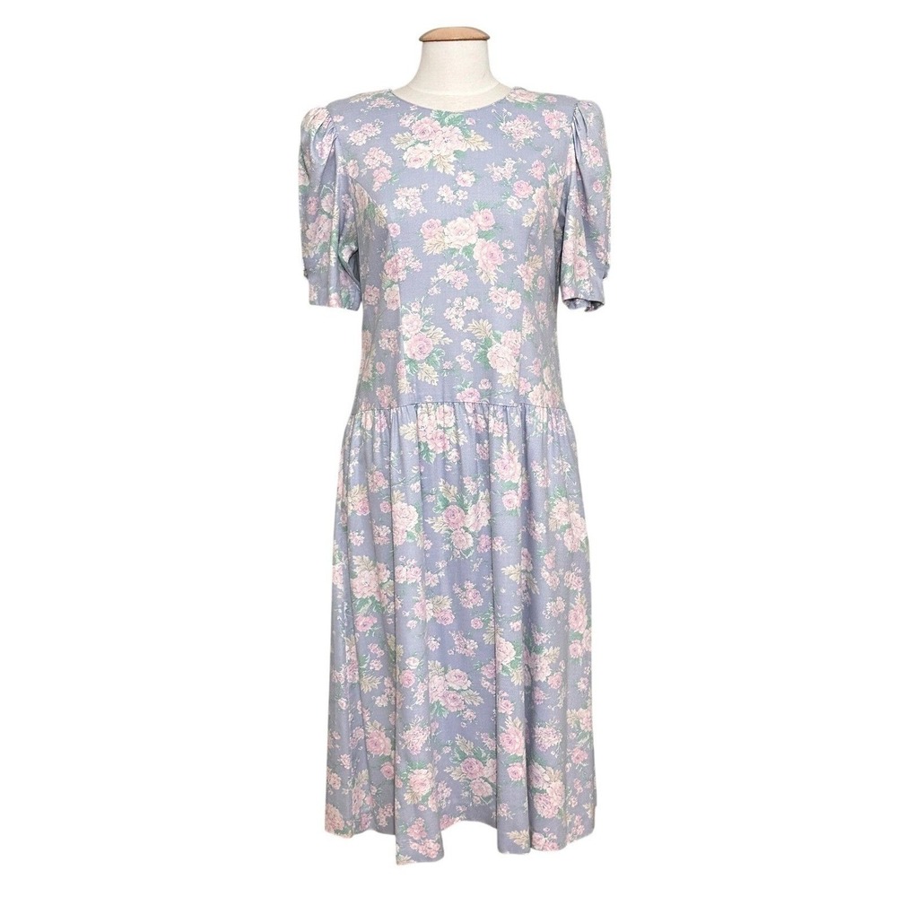 VTG Lanz Women Dress M Pastel Blue Floral Prairie Cottagecore Feminine Victorian